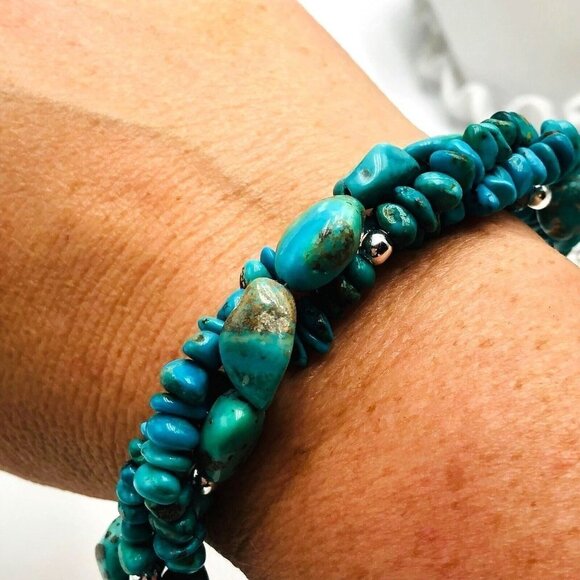 Blue Turquoise Multi Strand Sterling Silver 925 Bracelet Signed FAS - Picture 4 of 5